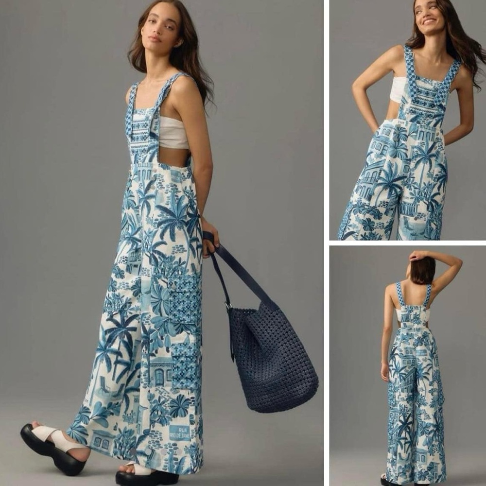 Farm Rio x Anthropologie printed denim overalls in blue print. NWT. size medium.